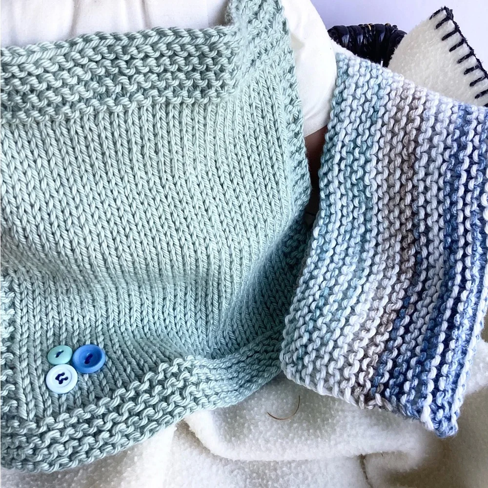 Baby Bib Set Washcloth Hand Crafted Green Cotton Knit Floral